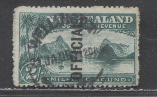 Lot 396 New Zealand SC#O29 2/- Blue Green 1907 Official Overprint on 1902-1907 Pictorial Issue, A VG-F Used Single, Estimated Value $55