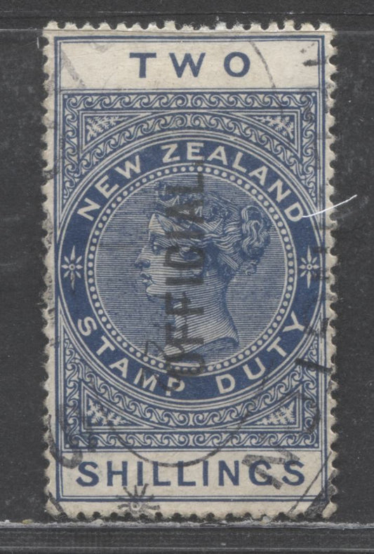 Lot 397 New Zealand SC#O38 2/- Dark Blue 1911-1914 Overprinted Queen Victoria Sideface Postal Fiscal Issue, Light Oval Revenue Cancellation, A VF Used Single, Click on Listing to See ALL Pictures, Estimated Value $15