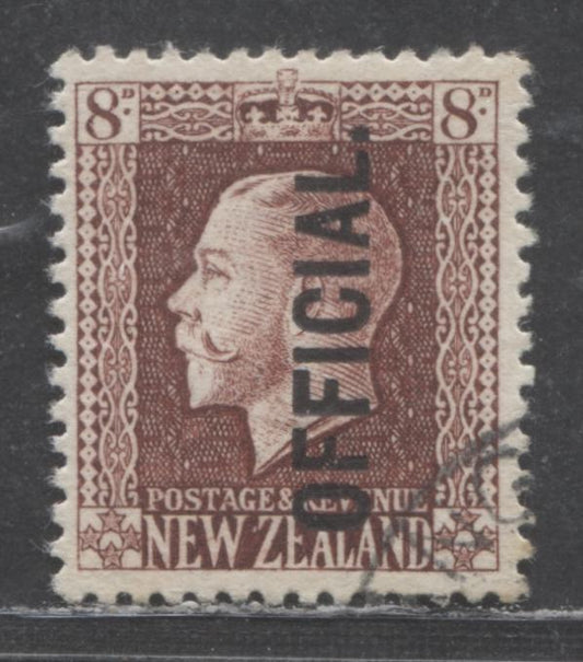 Lot 398 New Zealand SC#O51 8d Red Brown 1922 King George V Sideface Official Overprint, A VF Used Single, Click on Listing to See ALL Pictures, 2017 Scott Cat. $200