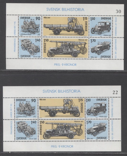 Lot 40 Sweden SC#1334 1.4kr-1.7Kr Multicoloured 1980 Swedish Automobile History Issue, On DF and LF Paper, 2 VFNH Sheetlets of 6, Click on Listing to See ALL Pictures, Estimated Value $14