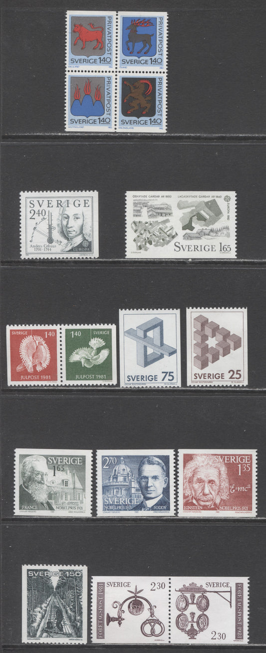 Lot 41 Sweden SC#1377/1406 1981 Par Lagerkvist - 1982 Provincial Arms Issue, 15 VFNH Singles and Booklet Block of 4, Click on Listing to See ALL Pictures, 2017 Scott Cat. $24.8