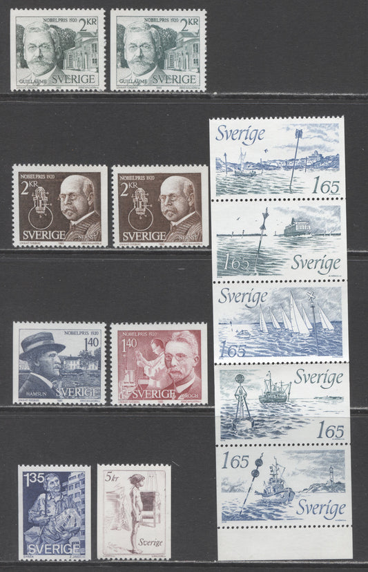 Lot 43 Sweden SC#1341/1414 1980 Nobel Prize Winners - 1982 Buoy Signals Issue, Including Distinct Shades Of The 2K Values From The Nobel Prize Set, 8 VFNH Singles and Booklet Pane of 5, Click on Listing to See ALL Pictures, 2017 Scott Cat. $12.3