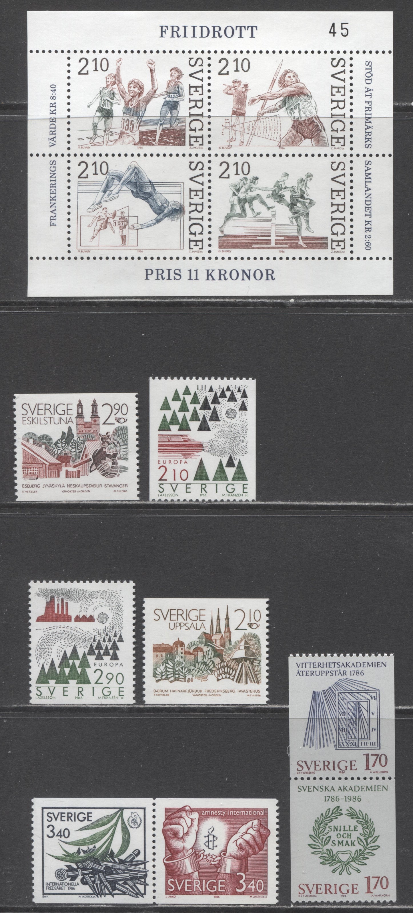 Sweden SC#1590/1613 1986 Royal Swedish Academy - 1986 25th Anniversary of Amnesty International Issues, 8 VFNH Singles and A Sheetlet of 4, Click on Listing to See ALL Pictures, 2017 Scott Cat. $15.45