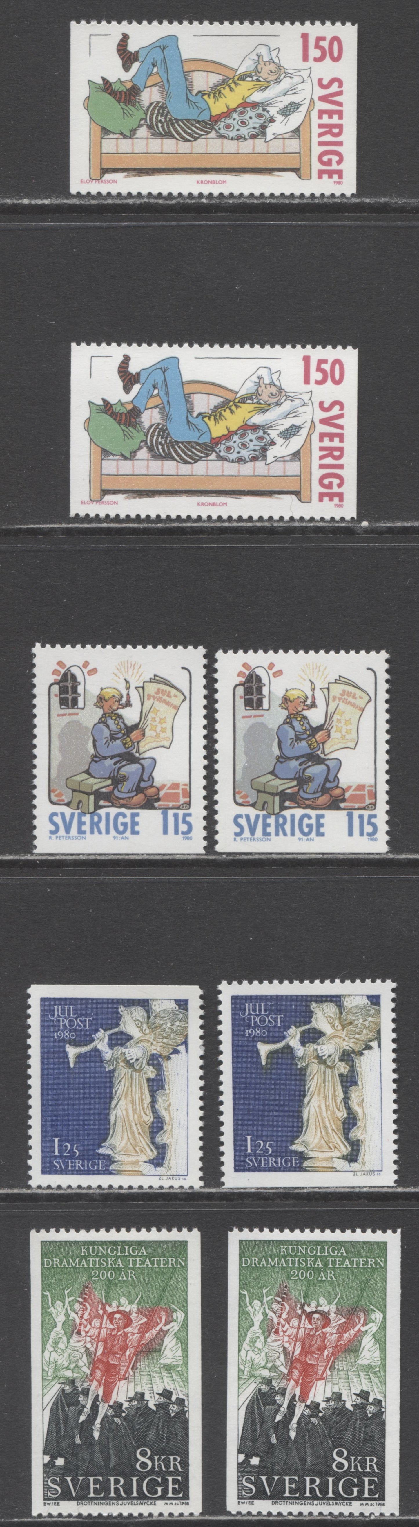 Sweden SC#1336/1693 1980 Chnristmas - 1988 Royal Dramatic Theatre Issues, On NF, DF and LF Papers, 8 VFNH Singles, Click on Listing to See ALL Pictures, Estimated Value $12