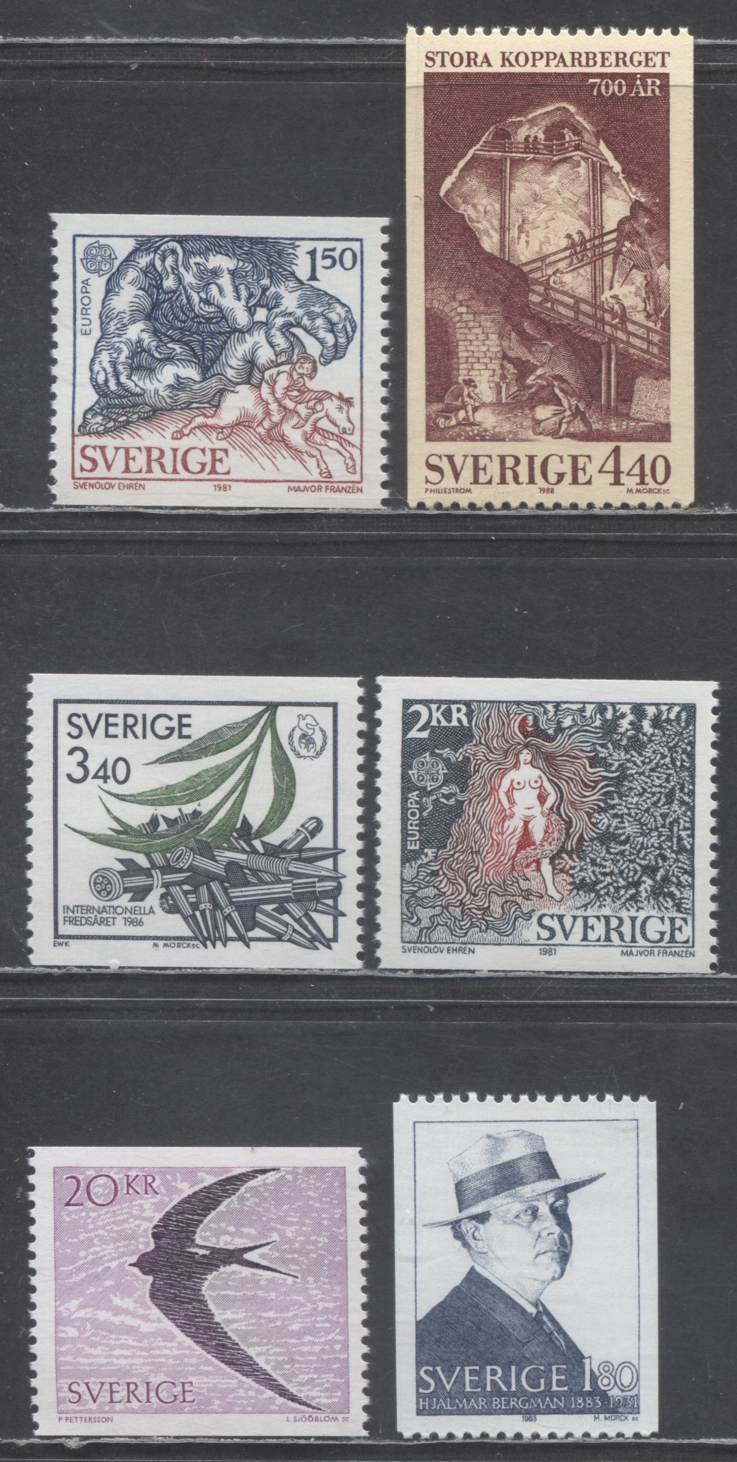 Lot 59 Sweden SC#1352/1703 1981 Europa - 1988 Common Swift Issue, 6 VFNH Singles, Click on Listing to See ALL Pictures, Estimated Value $20