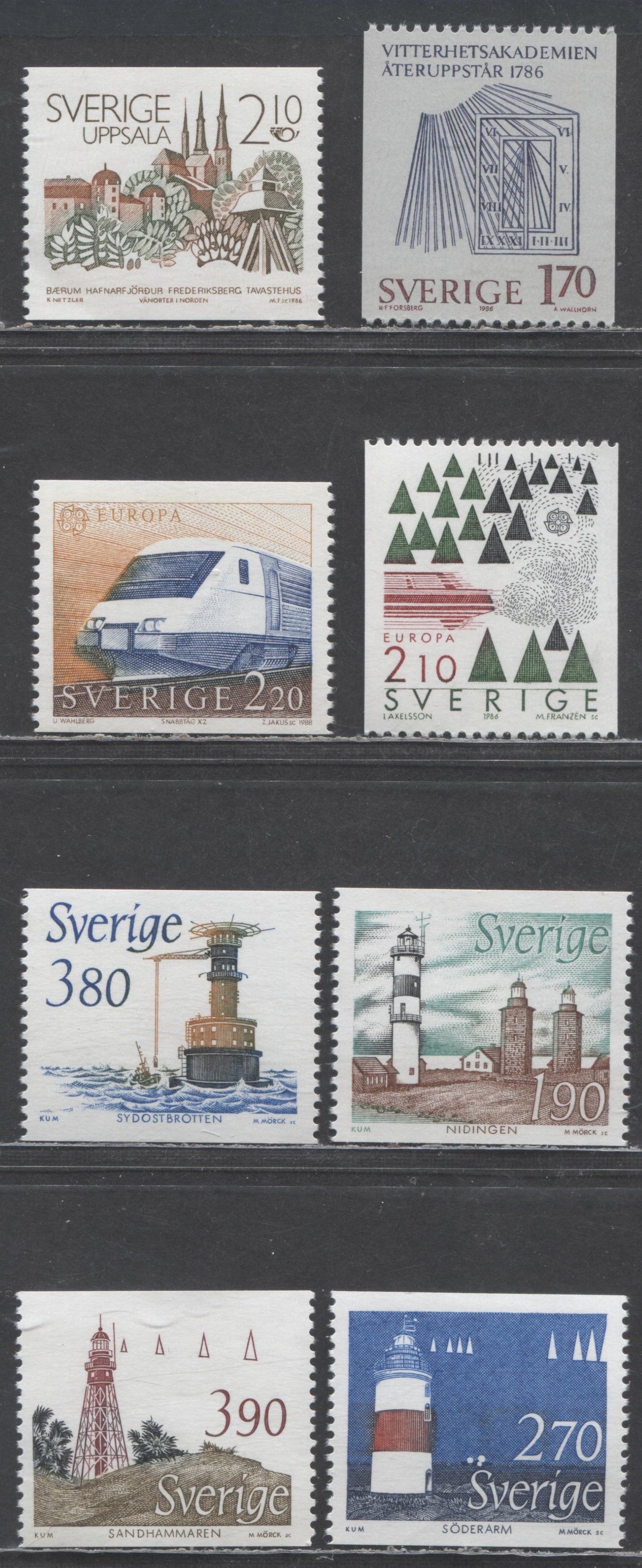 Lot 60 Sweden SC#1590/1722 1986 Royal Swedish Academy - 1989 Europa Issues, With Control Numbers On Back, 8 VFNH Singles, Click on Listing to See ALL Pictures, Estimated Value $20