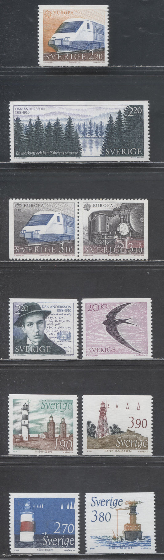 Lot 61 Sweden SC#1700/1722 1988 Europa - 1989 Lighthiuses Issues, 10 VFNH Singles, Click on Listing to See ALL Pictures, 2017 Scott Cat. $20.45