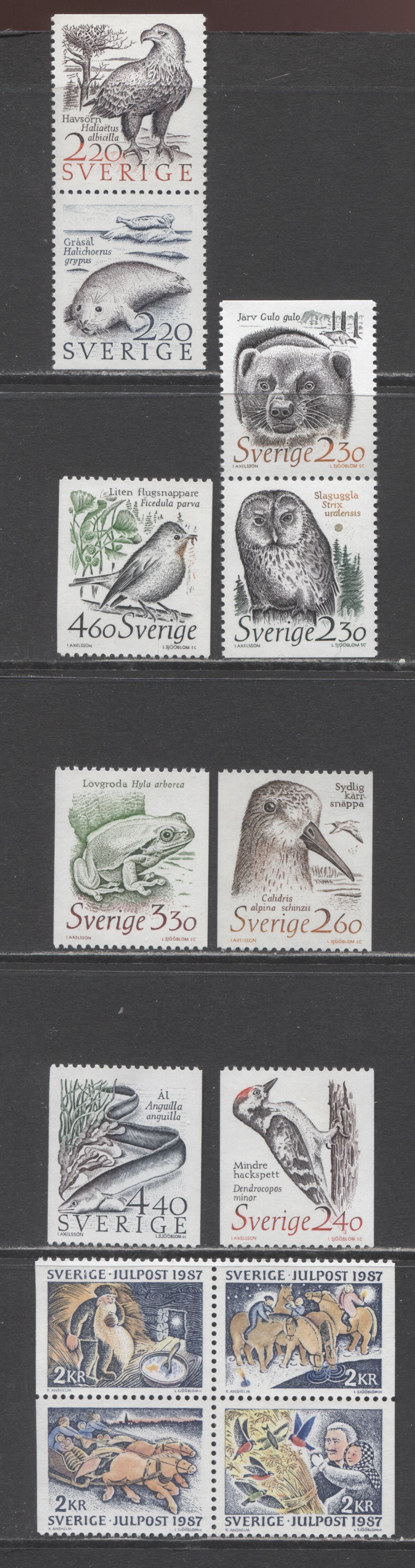 Lot 63 Sweden SC#1657/1728 1987 Christmas - 1989 Endangered Species Issues, 7 VFNH Booklet Block of 4 and A Single, Click on Listing to See ALL Pictures, 2017 Scott Cat. $16.35