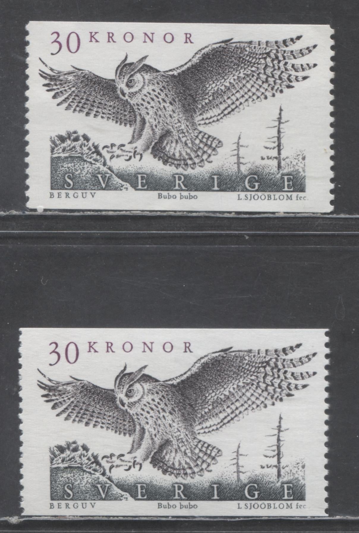 Lot 66 Sweden SC#1761 30Kr Multicoloured 1989 Eagle Owl High Value Definitive Issue, On NF and DF Papers, 2 VFNH Singles, Click on Listing to See ALL Pictures, Estimated Value $25