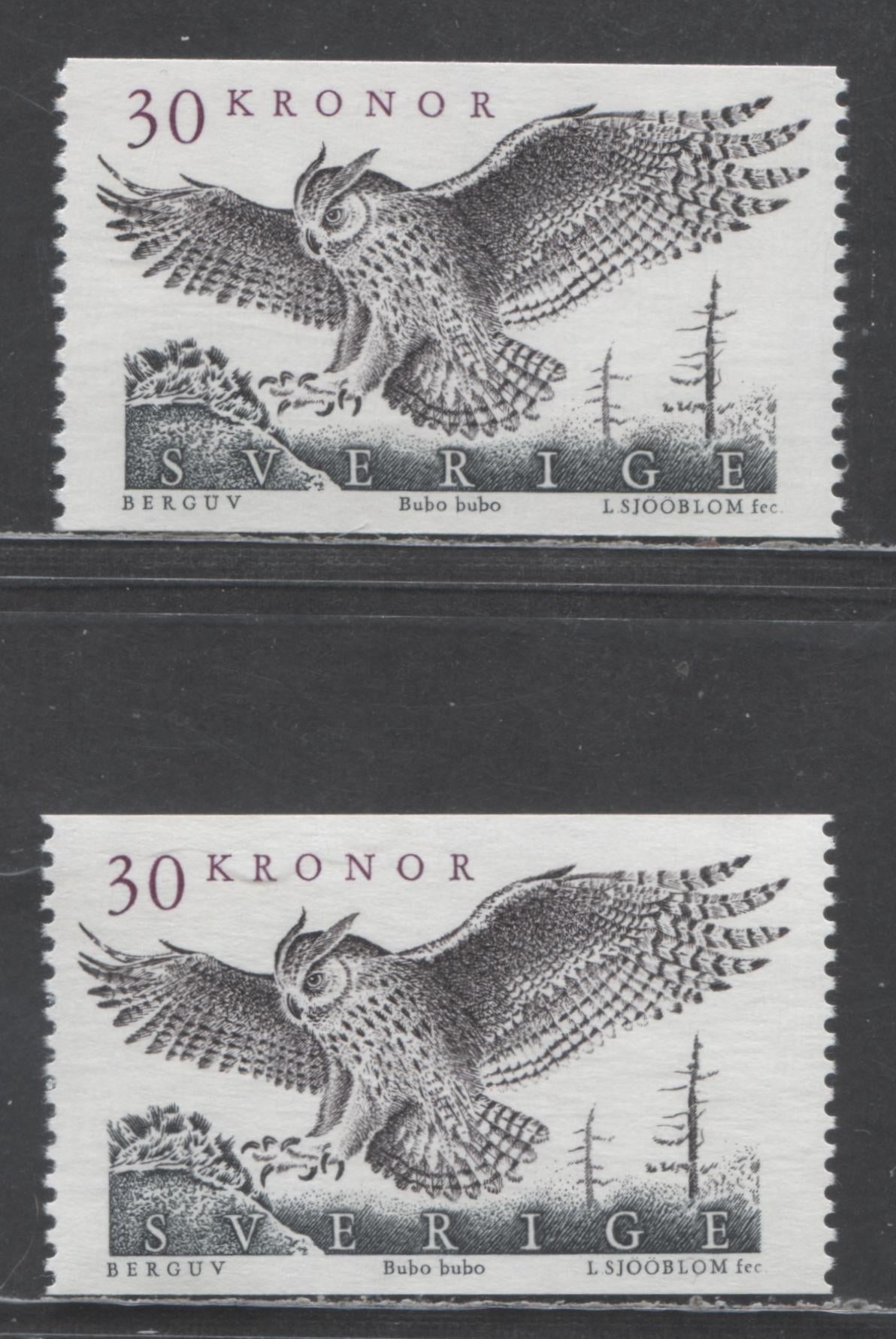 Lot 67 Sweden SC#1761 30Kr Multicoloured 1989 Eagle Owl High Value Definitive Issue, On NF and LF Papers, With Control Numbers On Back, 2 VFNH Singles, Click on Listing to See ALL Pictures, Estimated Value $40