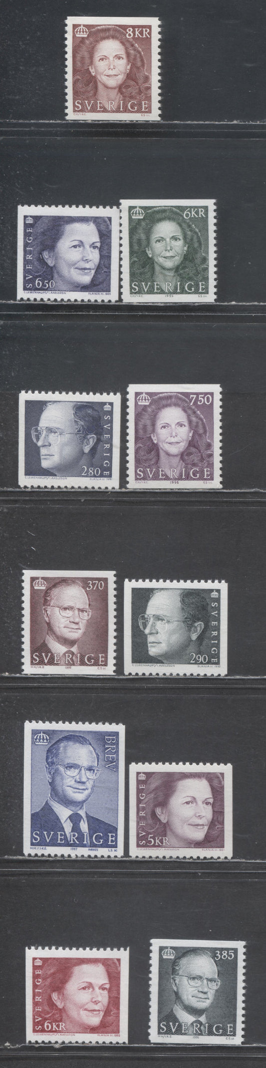 Lot 69 Sweden SC#1784/1796 1990-1997 Carl XVI Gustaf & Queen Silvia Definitives, 11 VFNH Singles, Click on Listing to See ALL Pictures, 2017 Scott Cat. $24.45