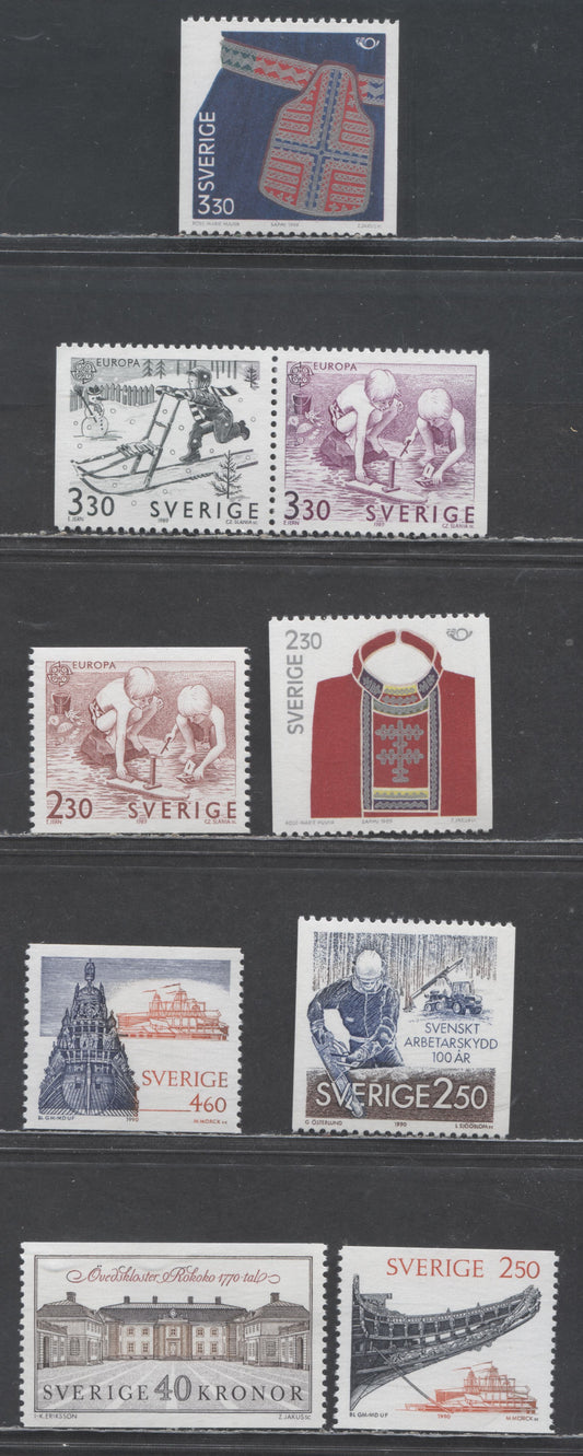 Sweden SC#1733/1841 1989 Folk Costumes - 1990 Ovedskloster Palace Issues, 9 VFNH Singles, Click on Listing to See ALL Pictures, 2017 Scott Cat. $23.45