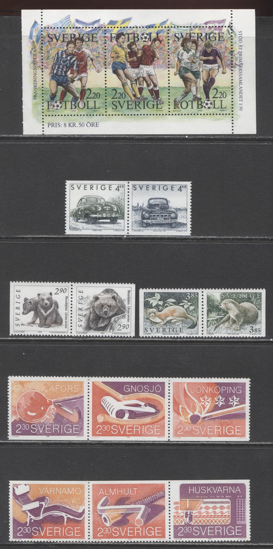Sweden SC#1708a/1974a 1988  World Cup Soccer Match - 1992Automobiles Issues, 6 VFNH Singles, A Souvenir Sheet of 3 and 3 Booklet Pairs, Click on Listing to See ALL Pictures, 2017 Scott Cat. $15.55
