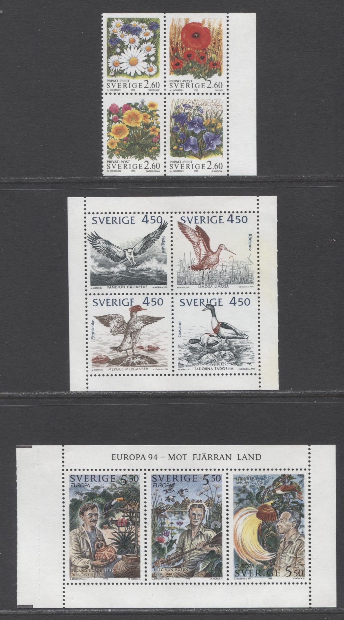 Lot 89 Sweden SC#1978a/2090a 1992 Birds of Baltic Shores - 1994 Swedish Explorers Issues, 3 VFNH Booklet Panes and Blocks of 4, Click on Listing to See ALL Pictures, 2017 Scott Cat. $21.3