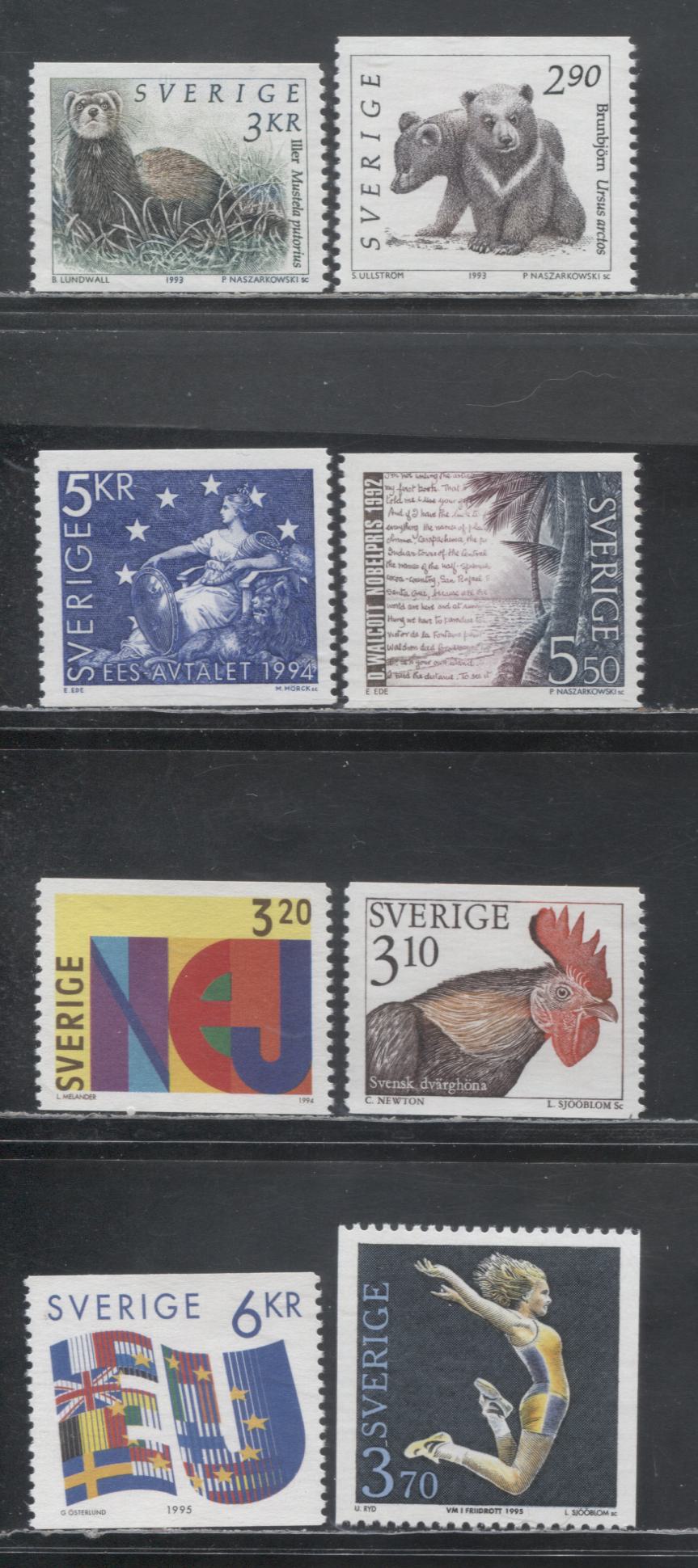 Sweden SC#1928/2120 1992-2009 Wildlife Definitives - 1995 Joining European Union Issues, With Control Numbers On Back, 8 VFNH Singles, Click on Listing to See ALL Pictures, Estimated Value $16