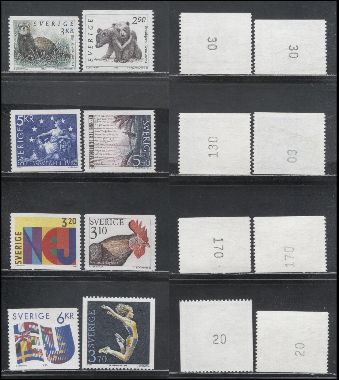 Sweden SC#1928/2120 1992-2009 Wildlife Definitives - 1995 Joining European Union Issues, With Control Numbers On Back, 8 VFNH Singles, Click on Listing to See ALL Pictures, Estimated Value $16