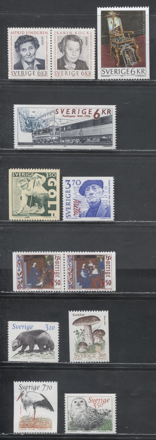 Sweden SC#2144/2209 1995 Fritiof Nilsson - 1997 Wildlife Definitives, 12 VFNH Singles, Click on Listing to See ALL Pictures, 2017 Scott Cat. $20.95