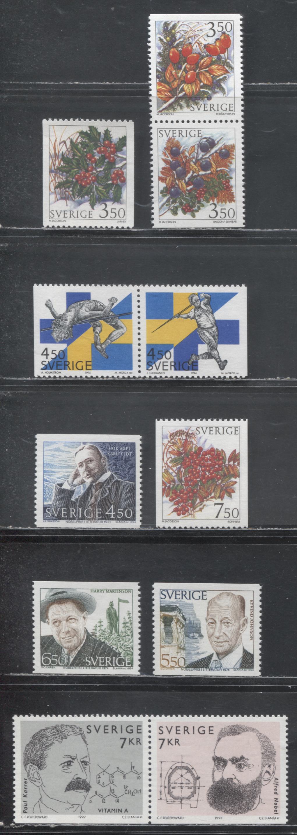 Lot 99 Sweden SC#2092a/2255 1994 Finland-Sweden Track & Field Meet - 1997 Nobel Prize Issues, 5 VFNH Singles, And Three Booklet Pairs, Click on Listing to See ALL Pictures, 2017 Scott Cat. $24.15