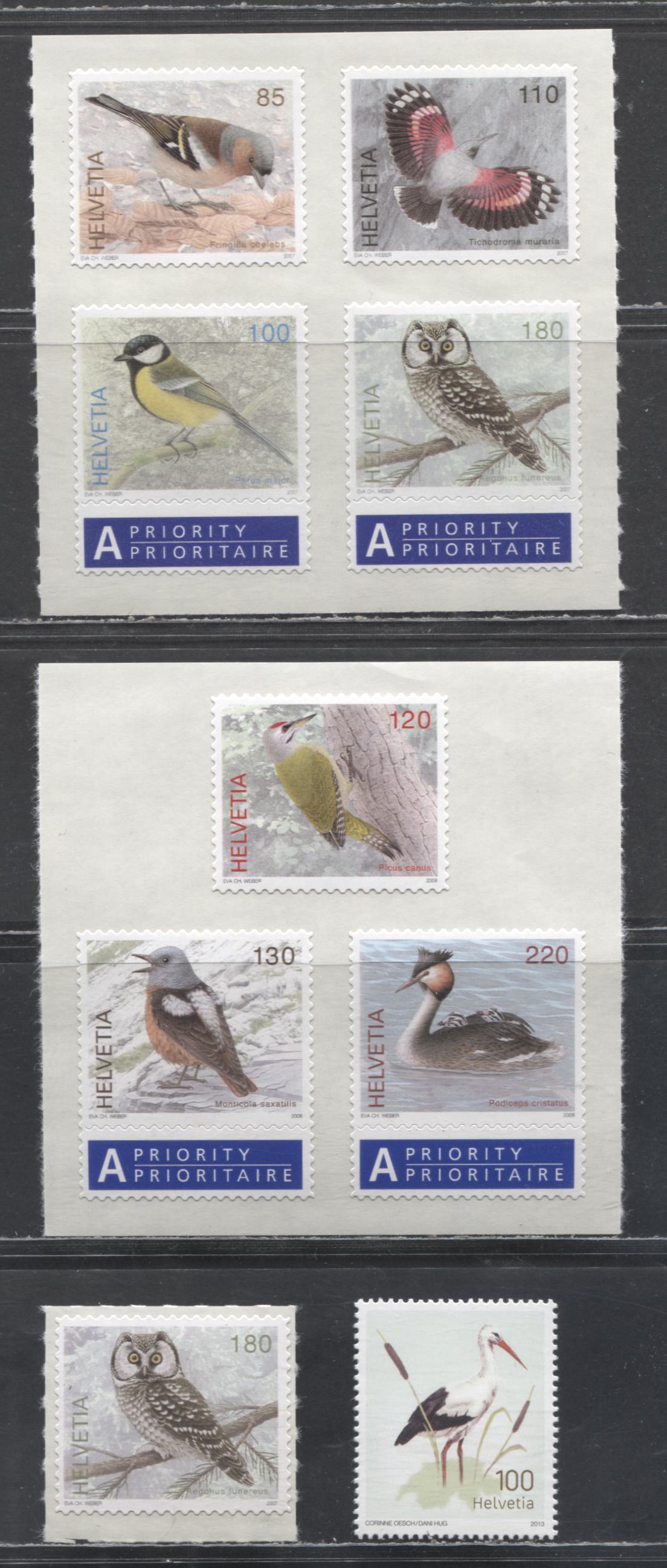 Lot 10 Switzerland SC#1276/1484 2007-2013 Bird Definitives - White Stork Issues, With Etiquettes, 4 VFNH Singles & Blocks Of 3 & 4, Click on Listing to See ALL Pictures, 2017 Scott Cat. $28.35