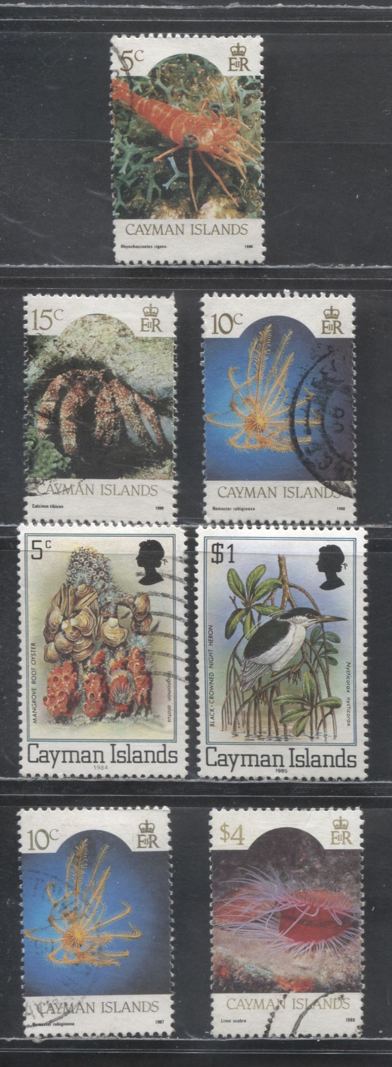 Lot 150 Cayman Islands SC#453c/573 1982-1986 Marine Life Issues, Inscribed 1982, 1984, 1986, 1987 & 1990, 7 Fine/Very Fine Used Singles, Estimated Value $25