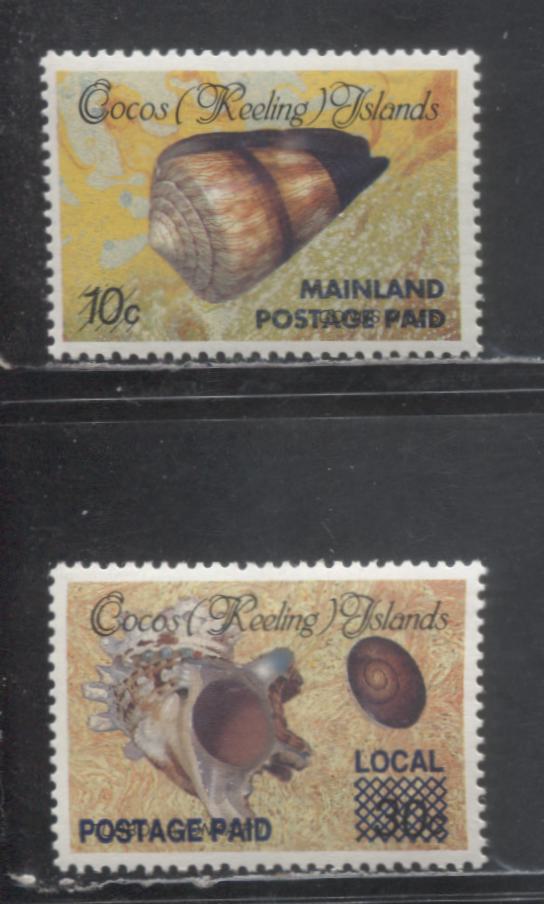 Lot 164 Cocos Islands SC#225/228 1990 Surcharged Shells Issue, 2 VFNH Singles, Click on Listing to See ALL Pictures, 2017 Scott Cat. $54