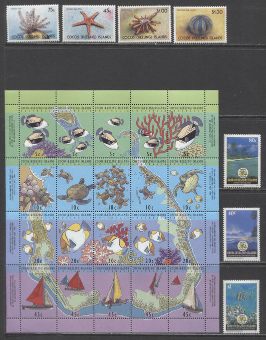 Lot 167 Cocos Islands SC#237/292f 1991 Sea Urchins, Map & Reef Life Issues, 7 VFNH Singles & Souvenir Sheet, 2017 Scott Cat. $27.25