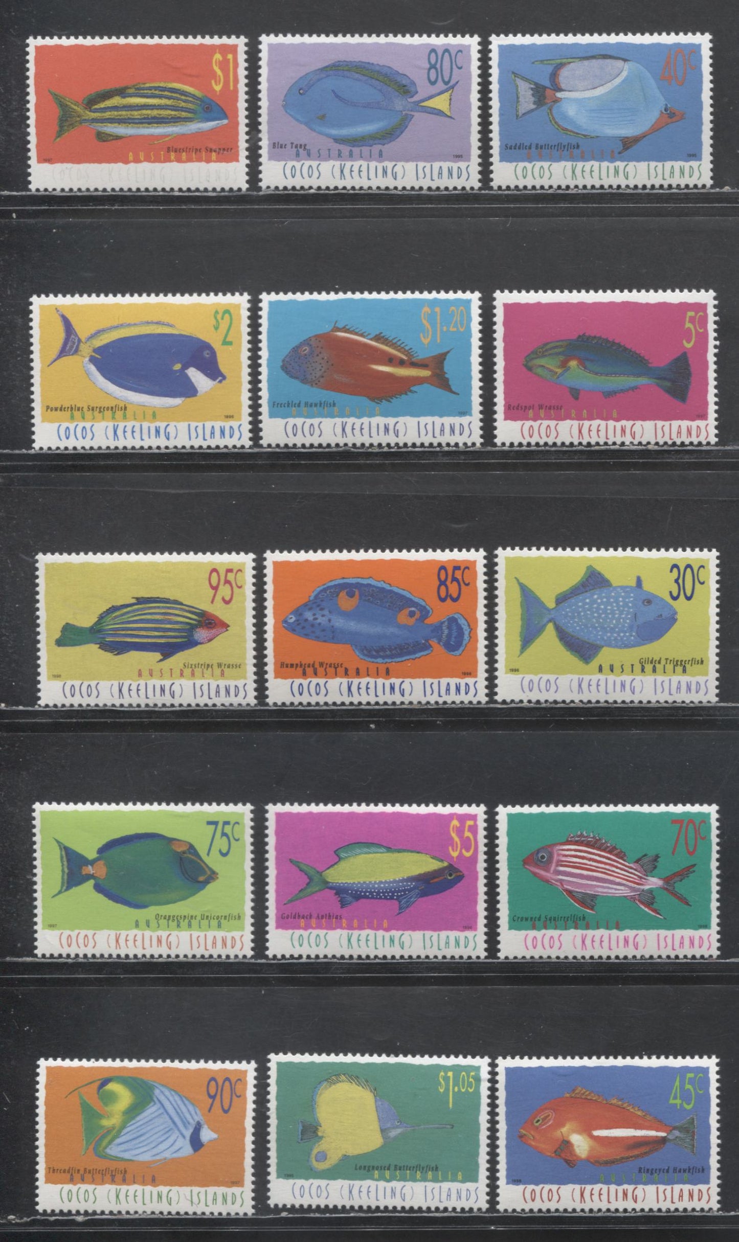 Lot 168 Cocos Islands SC#304/329 1995-1997 Fish Definitives, 15 VFNH Singles, 2017 Scott Cat. $33.9