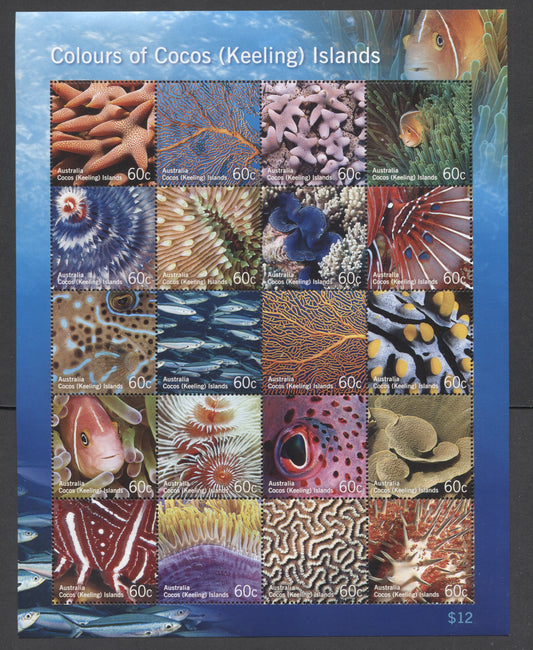 Lot 172 Cocos Islands SC#360 60c Multicolored 2011 Marine Life Issue, A VFNH Miniature Sheet Of 20, Click on Listing to See ALL Pictures, 2017 Scott Cat. $20
