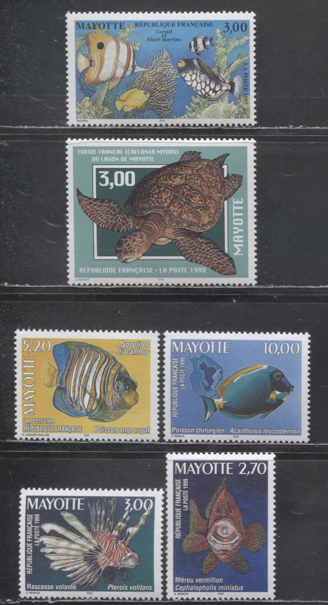 Lot 174 Mayotte (Comoro Islands) SC#91/124 1997-1999 Marine Life - Fish Definitives, 6 VFNH Singles, Click on Listing to See ALL Pictures, 2017 Scott Cat. $12.75