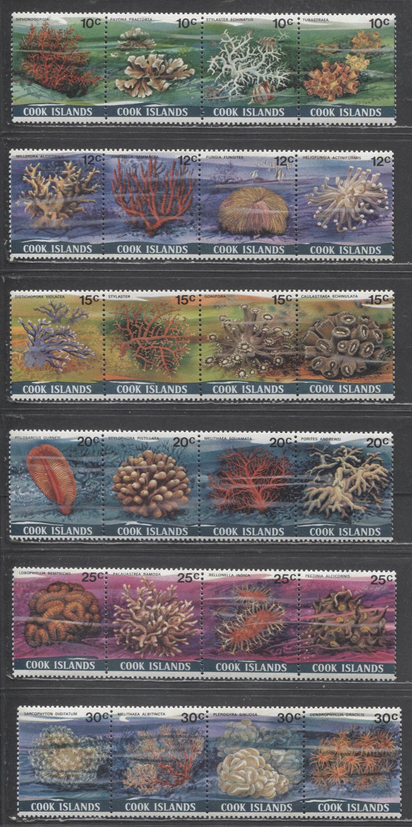 Lot 182 Cook Islands SC#564-581 1980-1982 Coral Definitive Issue, 18 VF OG & NH Strips & Blocks Of 4, Click on Listing to See ALL Pictures, Estimated Value $30 USD