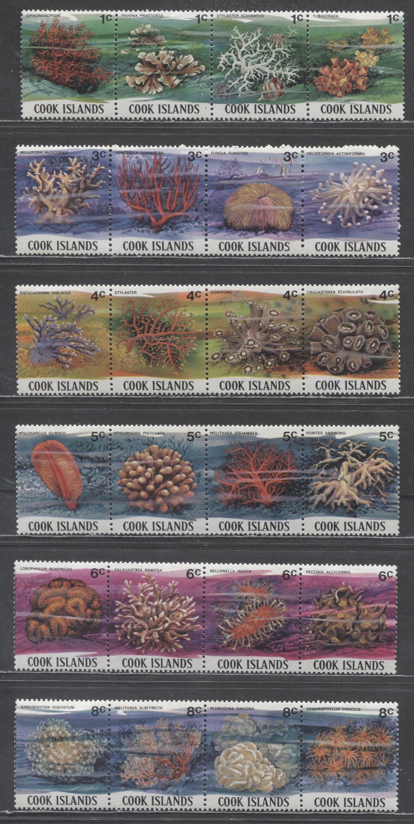 Lot 182 Cook Islands SC#564-581 1980-1982 Coral Definitive Issue, 18 VF OG & NH Strips & Blocks Of 4, Click on Listing to See ALL Pictures, Estimated Value $30 USD