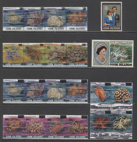 Lot 184 Cook Islands SC#710-716 1983 Surcharges Issue, 5 VFOG Strips Of 4 And 2 Singles, Click on Listing to See ALL Pictures, Estimated Value $30 USD