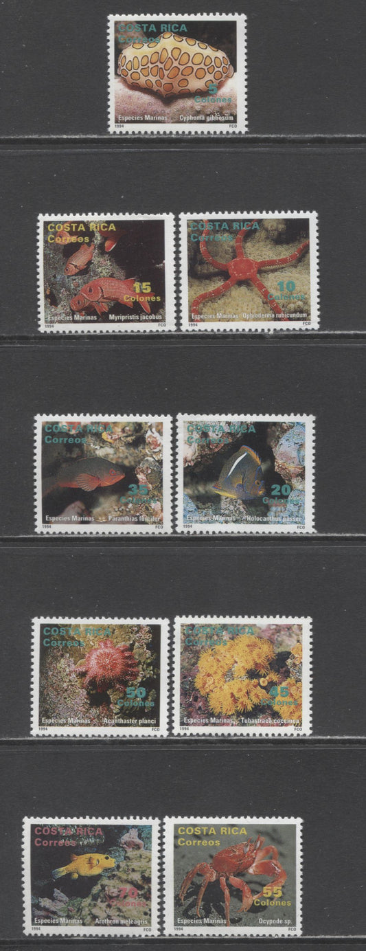 Lot 187 Costa Rica SC#486-474 1994 Marine Life Issue, 9 VFNH Singles, Click on Listing to See ALL Pictures, 2017 Scott Cat. $24.3 USD