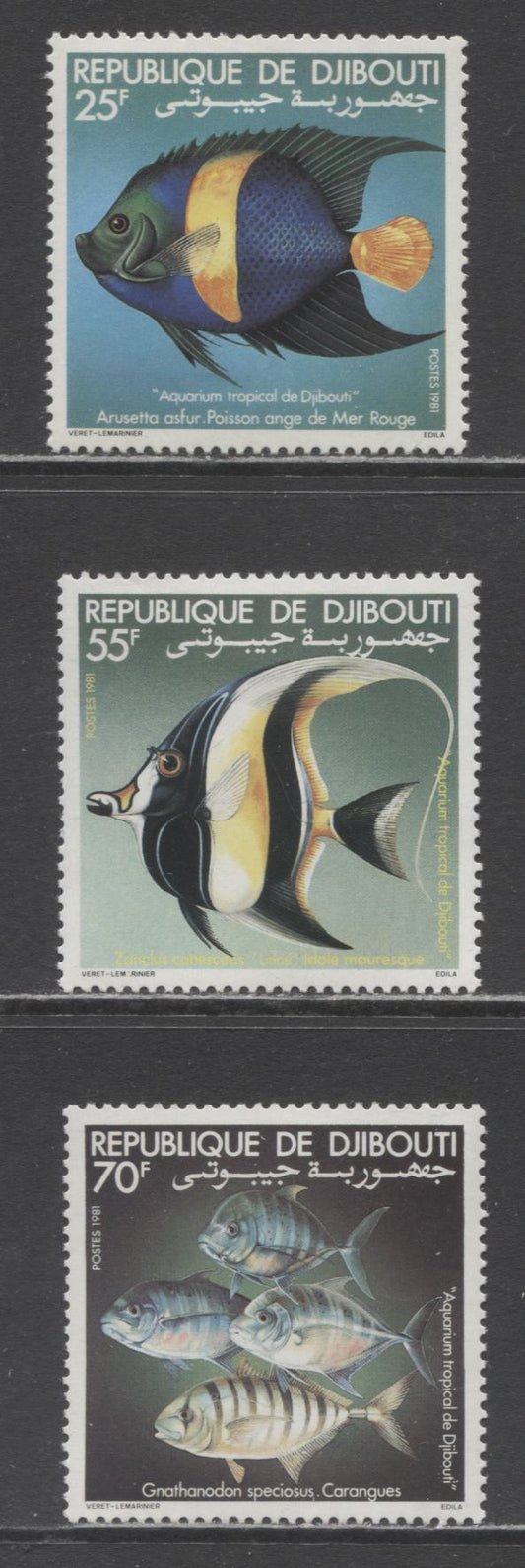 Lot 199 Djbouti SC#521-523 1981 Fish Issue, 3 VFNH Singles, Click on Listing to See ALL Pictures, 2017 Scott Cat. $8.75 USD