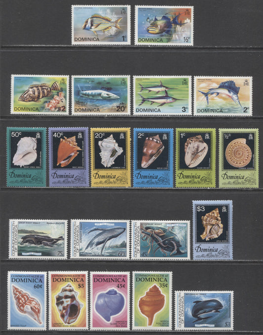 Lot 200 Dominica SC#421-426, 513-519, 791-794, 1019-1022 1975 Fish - 1987 Shells, 21 VFOG Singles, Click on Listing to See ALL Pictures, Estimated Value $14 USD
