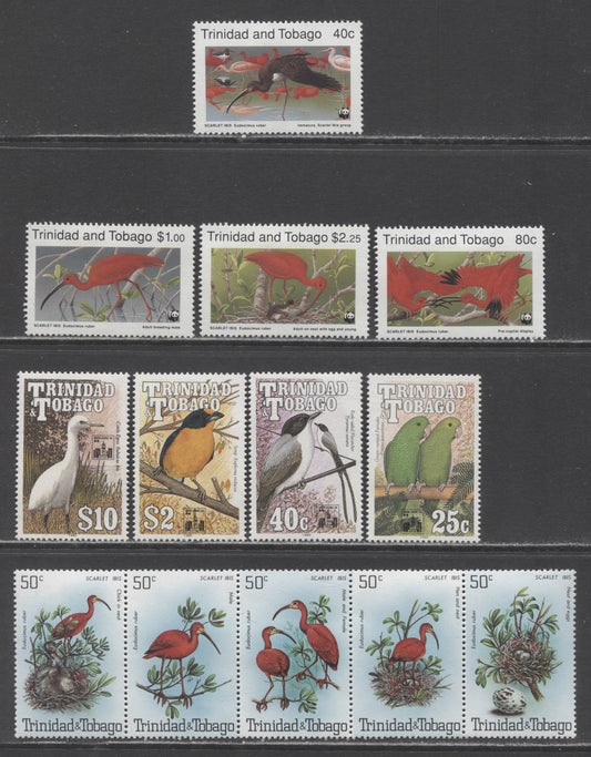 Lot 20 Trinidad & Tobago SC#328-568 1980-1994 Scarlet Ibis - Hong Kong Overprinted Bird Definitives, 14 VFOG & NH Singles & Strip Of 5, Click on Listing to See ALL Pictures, Estimated Value $17