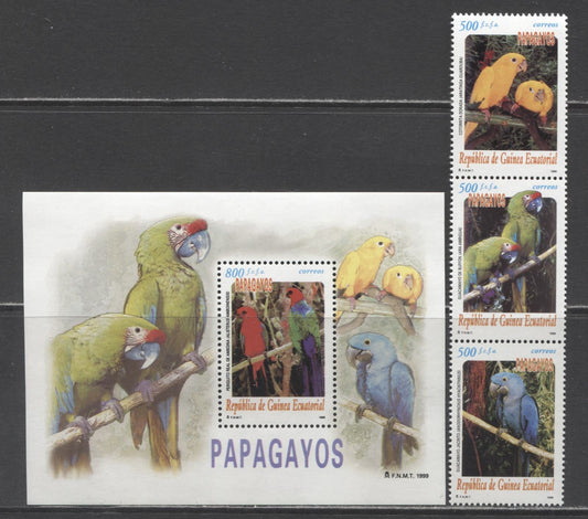 Lot 201 Equatorial Guniea SC#235-236  1999 Parrots Issue, A VFNH Strip Of 3 And Souvenir Sheets, Click on Listing to See ALL Pictures, 2017 Scott Cat. $20 USD