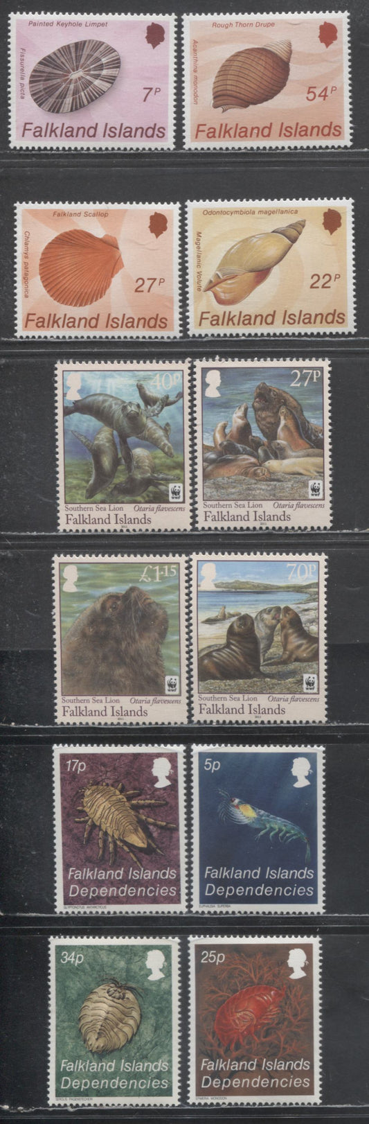 Lot 203 Falkland Islands SC#437-440,1030-1033, IL76-IL79  1986 Shells - 2011 Southern Sea Lions Issues, 12 VFNH Singles, Click on Listing to See ALL Pictures, 2017 Scott Cat. $20.5 USD