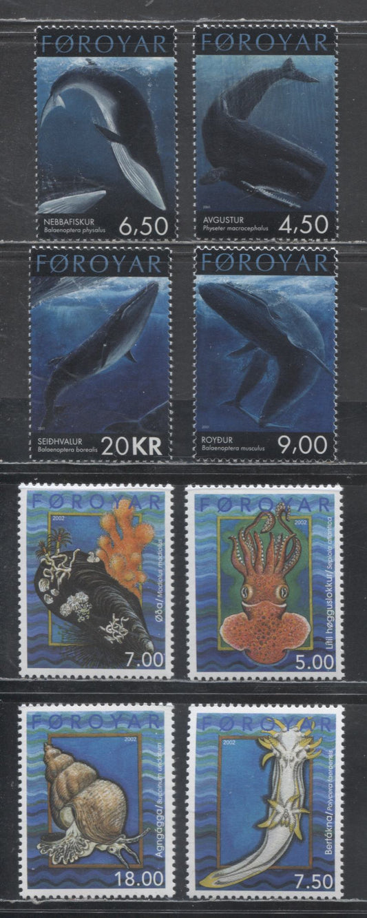 Lot 205 Faroe Islands SC#403-406, 409-412  2001 Whales - 2002 Mollusks, 8 VFNH Singles, Click on Listing to See ALL Pictures, 2017 Scott Cat. $25.4 USD