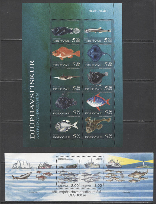 Lot 206 Faroe Islands SC#426, 470  2002 International Council For The Exploration Of The Sea Centenary - 2006 Fish Issues, 2 VFNH Souvenir Sheets, Click on Listing to See ALL Pictures, 2017 Scott Cat. $24.25 USD