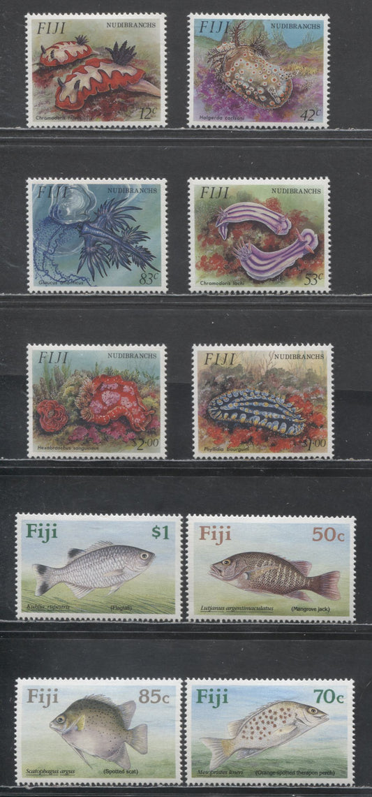 Lot 211 Fiji SC#619-622, 692-697  1990 Fish - 1993 Marine Life (Nudibranchs) Issues, 10 VF OG & NH Singles, Click on Listing to See ALL Pictures, Estimated Value $25 USD