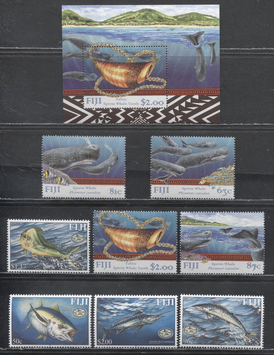 Lot 213 Fiji SC#821-824a, 927-930  1998 Sperm Whale - 2001 Fish Issue, 8 VFNH Singles And A Souvenir Sheet, Click on Listing to See ALL Pictures, 2017 Scott Cat. $23.2 USD
