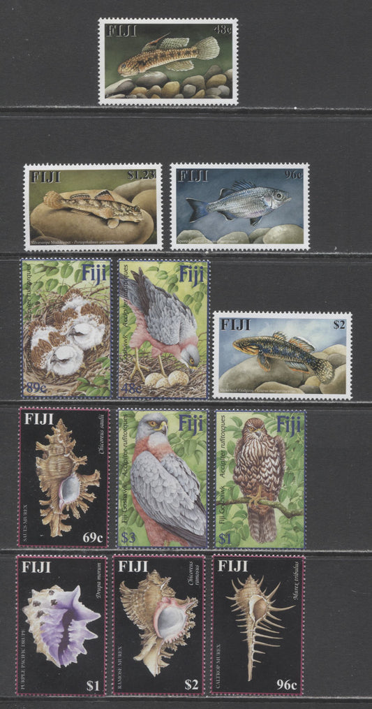 Lot 214 Fiji SC#947-950, 954-962, 955-958  2002 Fish - 2002 Goshawk Bird Issues, 12 VFNH Singles, Click on Listing to See ALL Pictures, 2017 Scott Cat. $22 USD