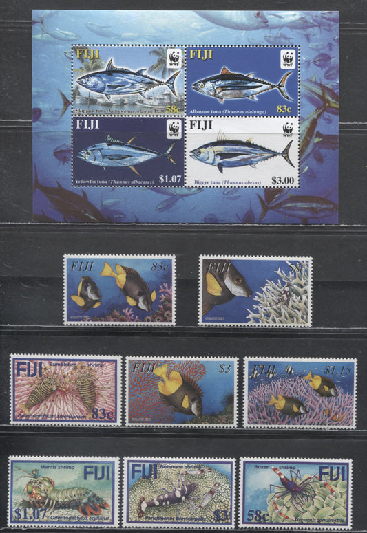 Lot 215 Fiji SC#985-988, 1012-1015, 1006  2003 Fish - 2004 Coral Reef Shrimp Issues, 8 VFNH Singles And A Souvenir Sheet, Click on Listing to See ALL Pictures, 2017 Scott Cat. $24 USD