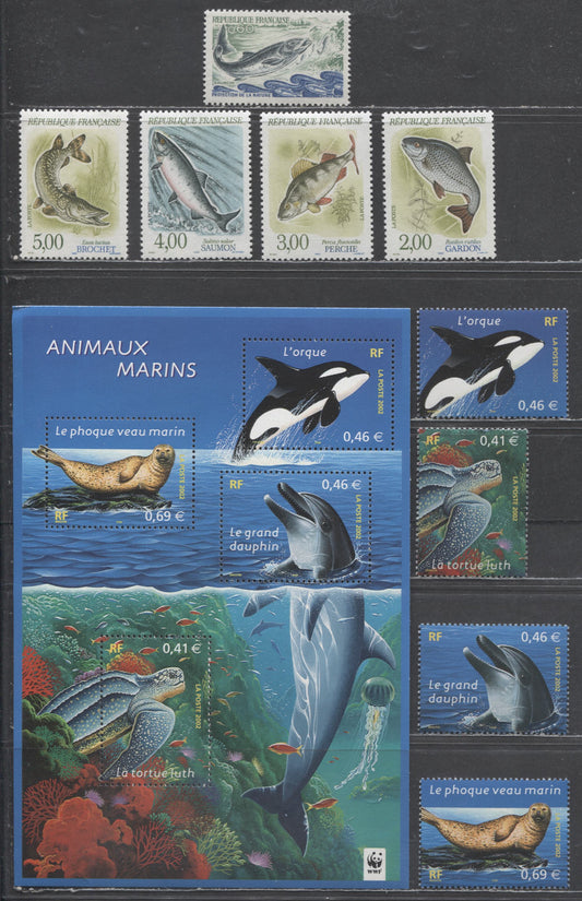 Lot 222 France SC#1338/2895 1972-2002 Salmon - Marine Life Issues, 9 VFNH Singles & Sheetlet, Click on Listing to See ALL Pictures, Estimated Value $16