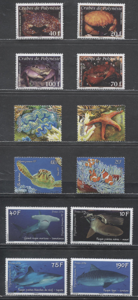 Lot 229 French Polynesia SC#1042/1130 2011-2014 Crabs - Shark Definitives, 12 VFNH Singles, Click on Listing to See ALL Pictures, 2017 Scott Cat. $16.75