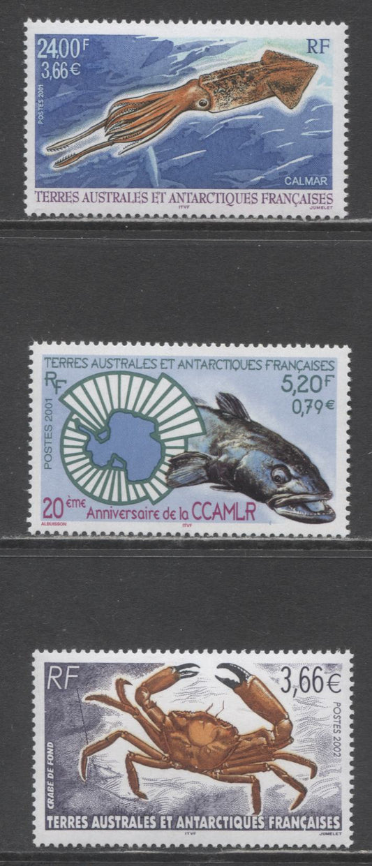 Lot 237 French Southern Antarctic Territory SC#287/308 2001-2002 Squid - Crab Issues, 3 VFNH Singles, Click on Listing to See ALL Pictures, 2017 Scott Cat. $26.5