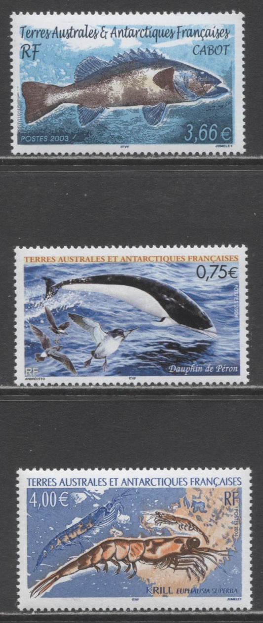 Lot 238 French Southern Antarctic Territory SC#323/338 2003-2004 Chub - Krill Issues, 3 VFNH Singles, Click on Listing to See ALL Pictures, 2017 Scott Cat. $26