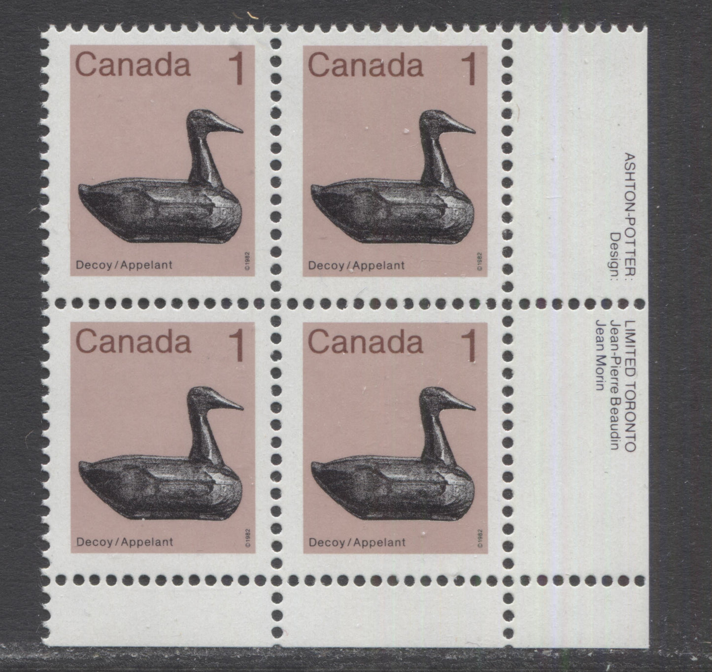 Canada #917ii 1c Light Brown & Multicolored Decoy, 1982-1897 Low-Value Artifact Definitives, A VFNH LR Inscription Block Of 4 With Short Hair On Ducks Head (Pos. 89), On NF/DF1 Abitibi Paper