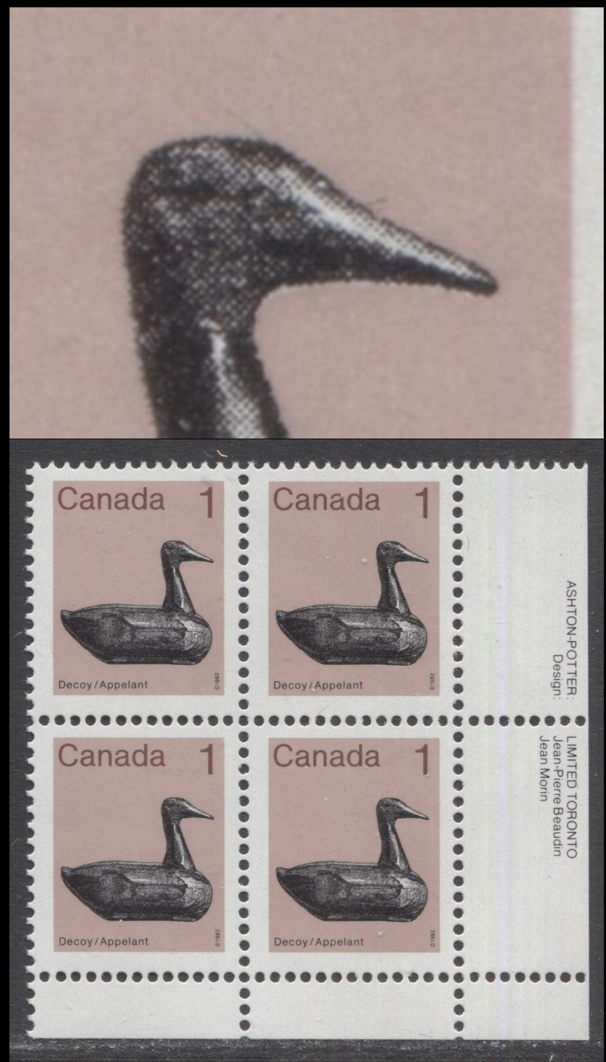 Canada #917ii 1c Light Brown & Multicolored Decoy, 1982-1897 Low-Value Artifact Definitives, A VFNH LR Inscription Block Of 4 With Short Hair On Ducks Head (Pos. 89), On NF/DF1 Abitibi Paper